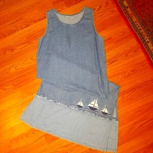 Sleeveless Vintage Denim Maxi Dress with Sailboat Embroidery